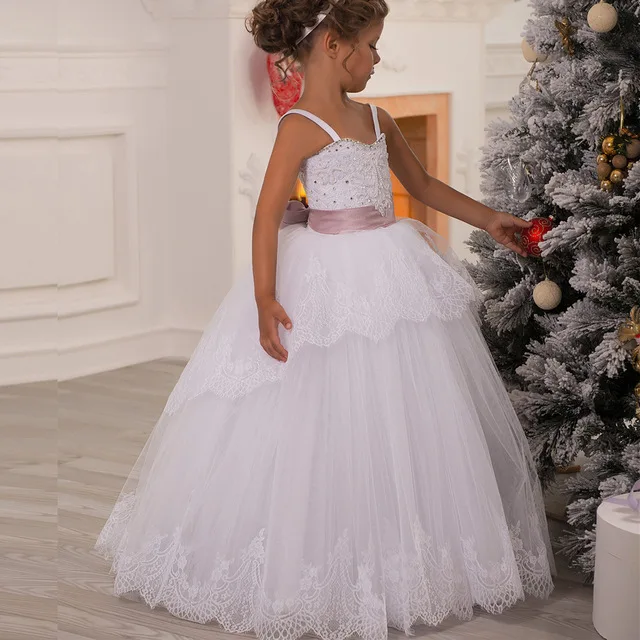 Cheap Custom Make Little Girls Party Dresses Floor Length Sweetheart Lace Appliques Pearls Lace Up Back Little Flower Girls Dresses