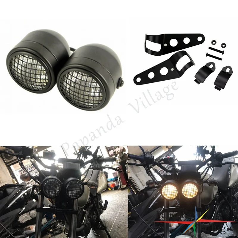 

H4 3.5" Dominator Twins Dual Headlight Motorcycle Grill Double Headlamp for Streetfighter Street Bikes Bobber Cafe Racer Chopper