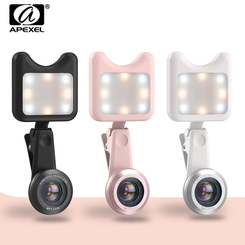 

APEXEL LED Selfie Light Fill-in light +0.36X Wide Angle Lens + 15X Macro Lens Kit For iPhone Samsung phones