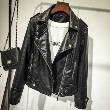 

2018 New Spring Autumn Slim Turn Down Collar PU Leather Jackets Short Outwear Zipper Epaulet Women Faux Leather Coats Black
