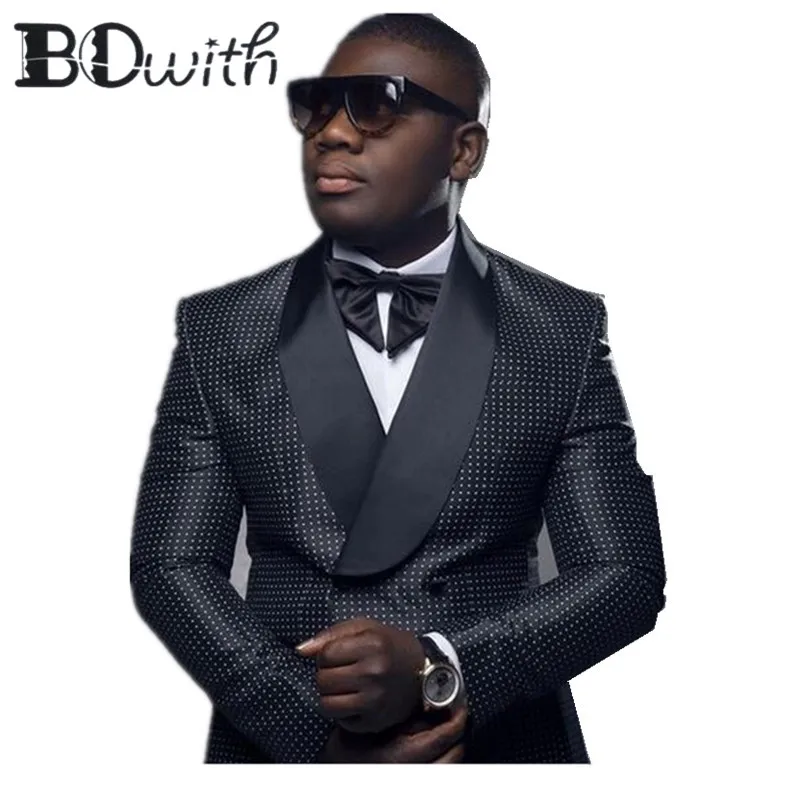 

2019 Dot Black Men Suit Wedding Groom Suit Double Breasted Slim Fit Shawl Collar Tuxedo For Men Wedding Suits Prom