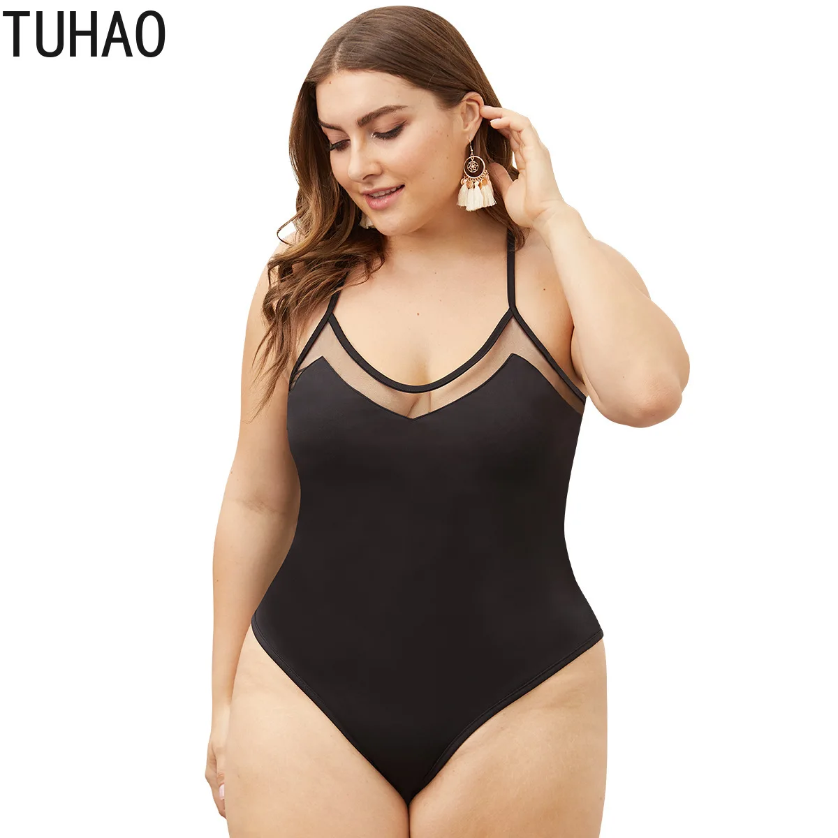 

TUHAO summer Sexy Bodysuit Black 2019 Mesh Stitching Sexy Low-cut Backless Tights Sling Plus Size 4XL 3XL Women's Bodysuit WL173
