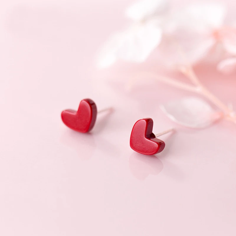 MloveAcc Новая мода маленькая любовь красное сердце серьги-гвоздики с эпоксидной смолой для женщин 925 пробы серебряные серьги