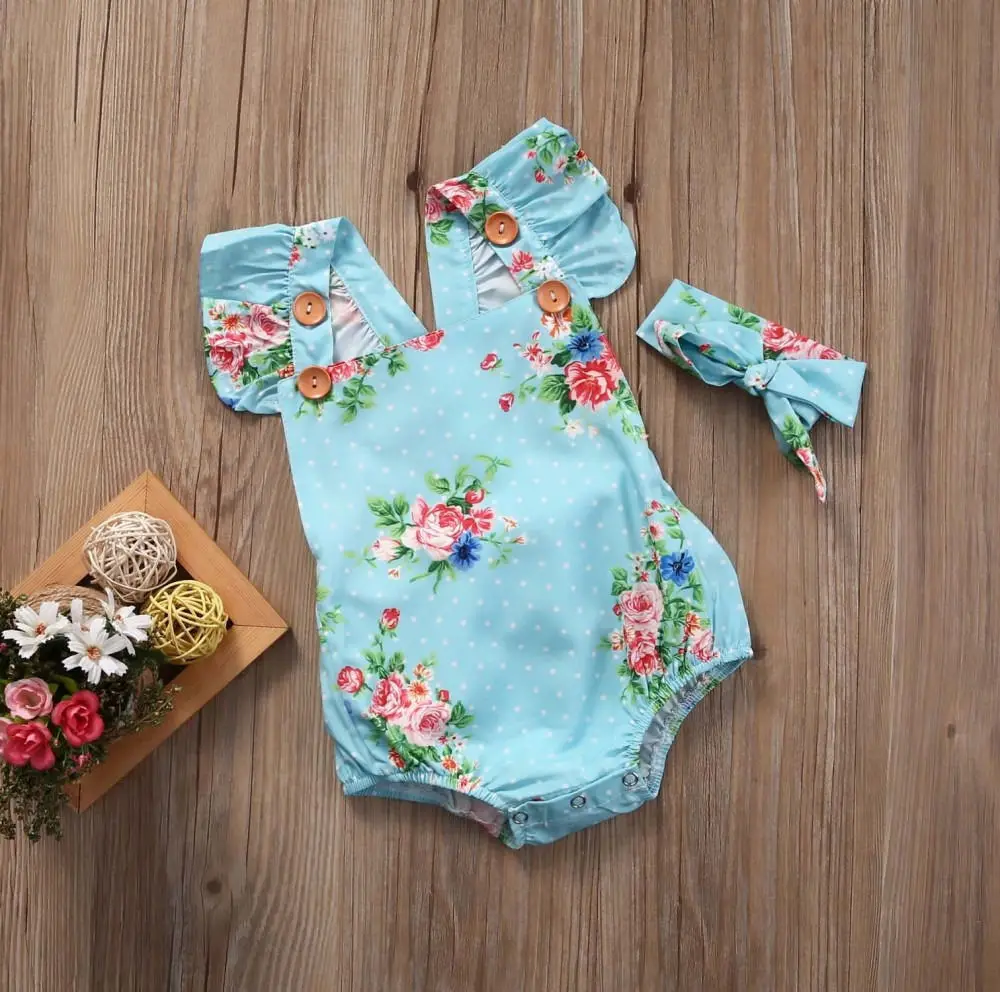 Комбинезон с цветочным рисунком для новорожденных девочек, комбинезон, повязка на голову, комплект одежды для малышей 0-24 месяцев