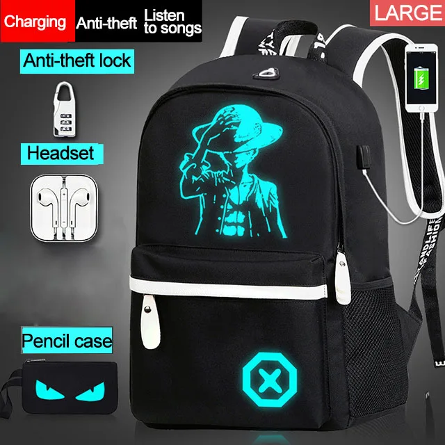 Детский Школьный рюкзак для мальчиков-подростков, аниме светящийся Школьный рюкзак, Детская водонепроницаемая сумка для книг, usb зарядка, школьный рюкзак, подарок - Цвет: Pirate-L-3pcs