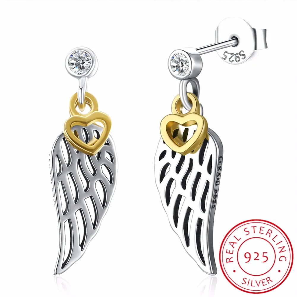 

LEKANI Fashion Angel Wings Drop Earrings Golden Heart Fine Jewelry for Women Wedding Party Dress 925 Silver Earrings Bijoux