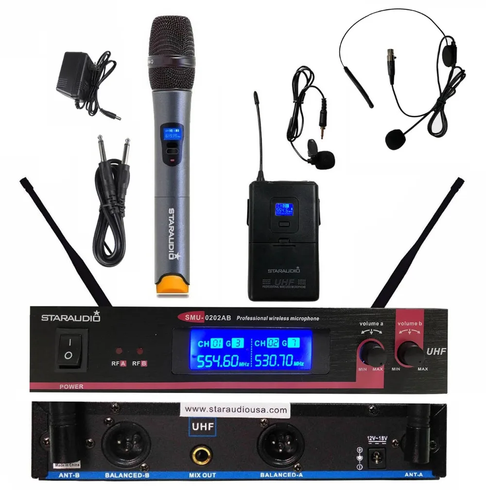 STARAUDIO 2 Channel Wireless UHF Microphone System 2CH Handheld Headset
