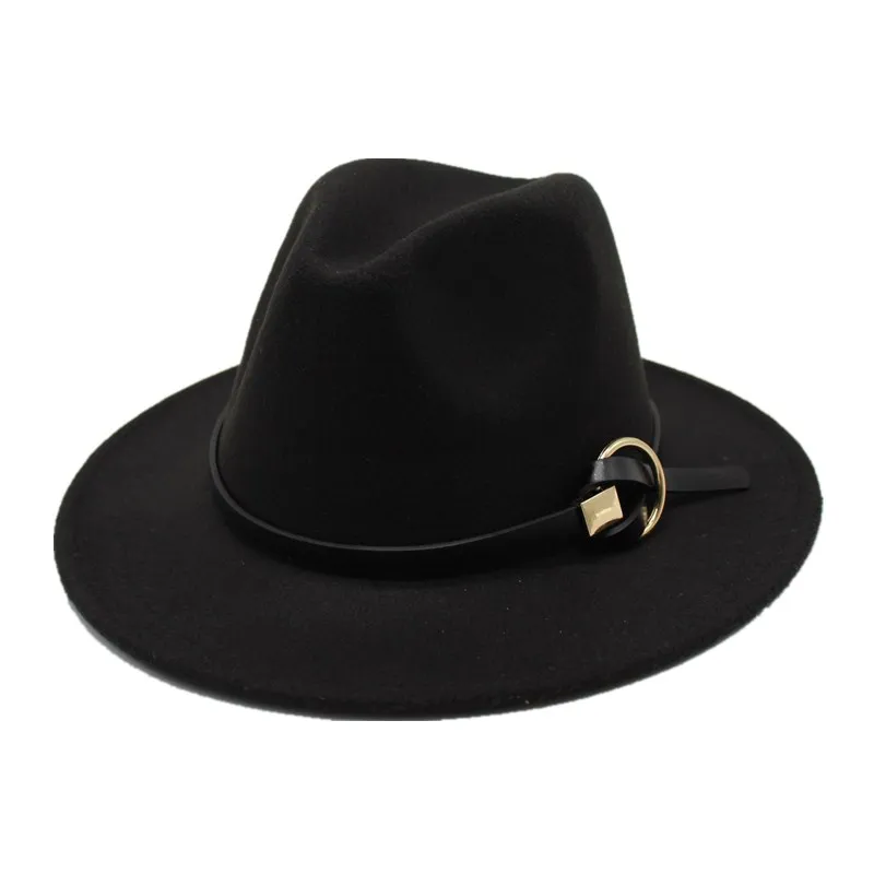 OZyc Fedoras шапки для мужчин и женщин фетр металлический пояс Трилби шляпы с широкими полями Регулируемая фетровая шляпа в стиле джаз шляпа шапки Дамы chapeu Femme - Цвет: black