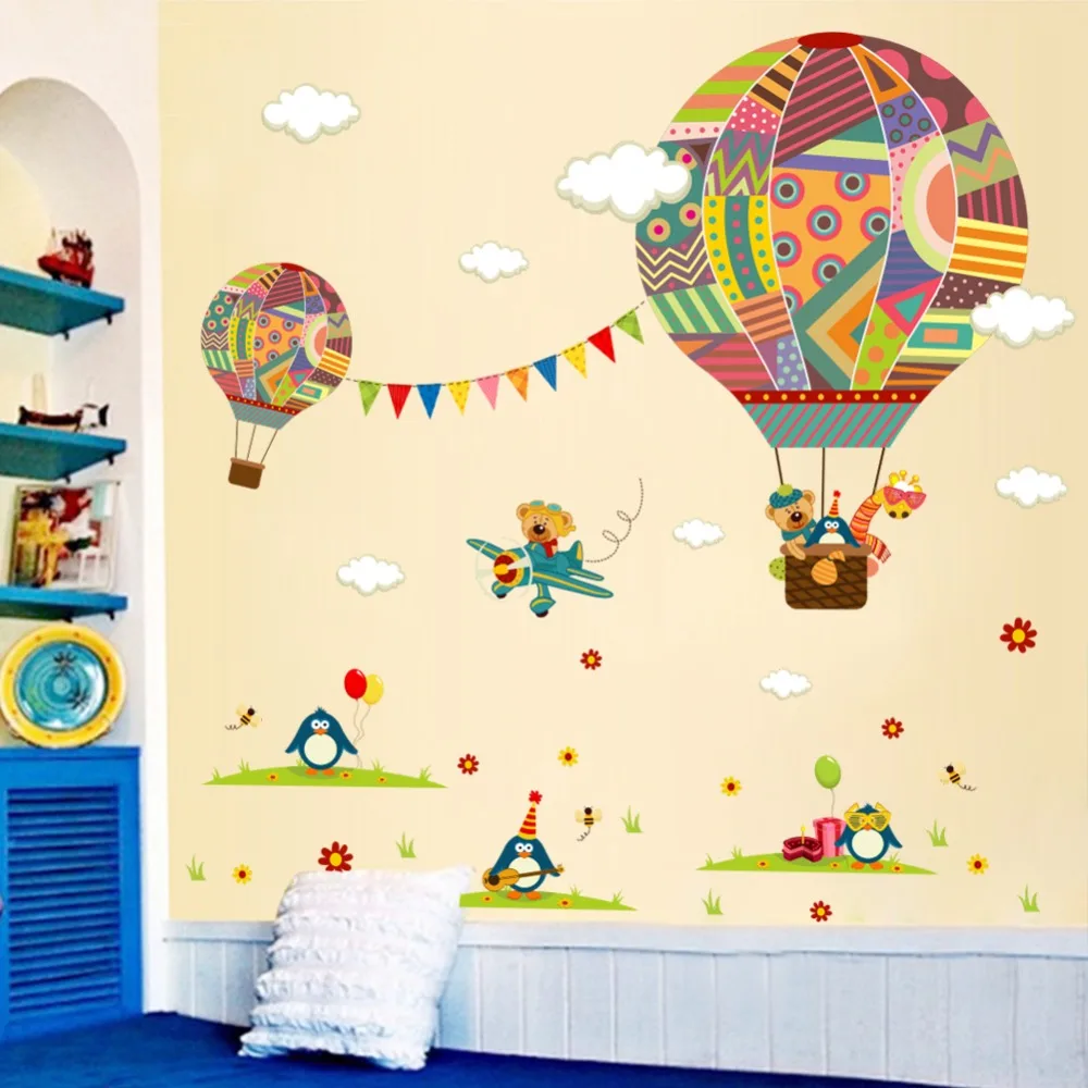 Мультфильм самолет Медведь Воздушные шары Пингвин Съемная Настенная Наклейка в детскую наклейку для детской комнаты украшение дома Фреска