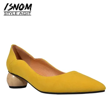 

ISNOM Unusual Heel Wood Pumps Women Pointed Toe Footwear Fashion Shallow Shoes Female Kid Suede Shoes Woman Spring 2019 New
