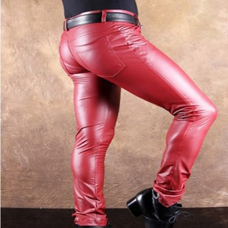 Мужские размера плюс из искусственной кожи в стиле панк узкие штаны матовый