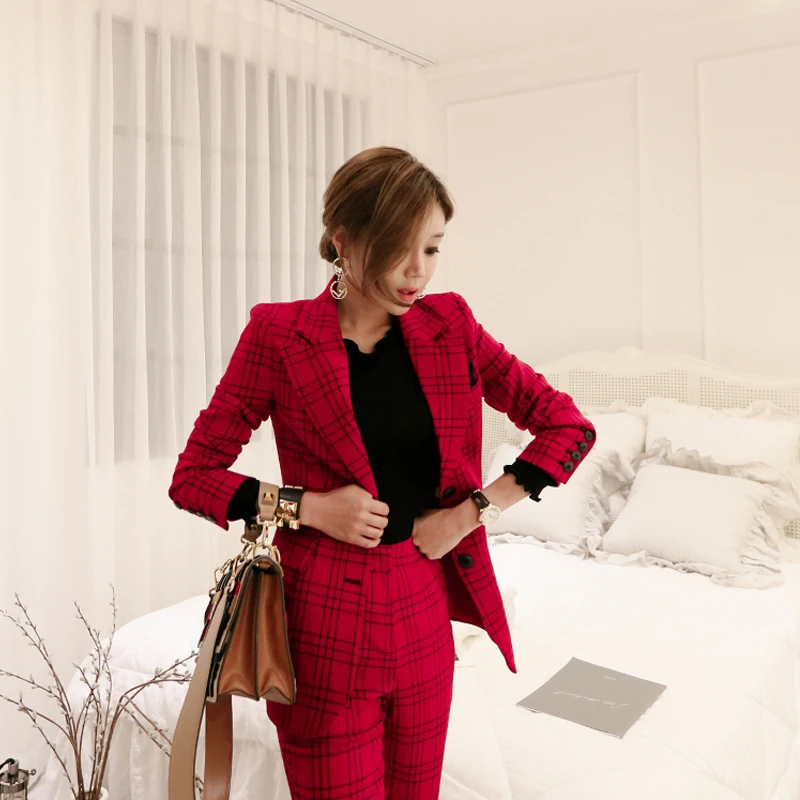 New fashion Formal Women red Suits Sets Casual Office Business Suitspants Work Wear Sets Uniform Styles Elegant Plaid Pant Suits