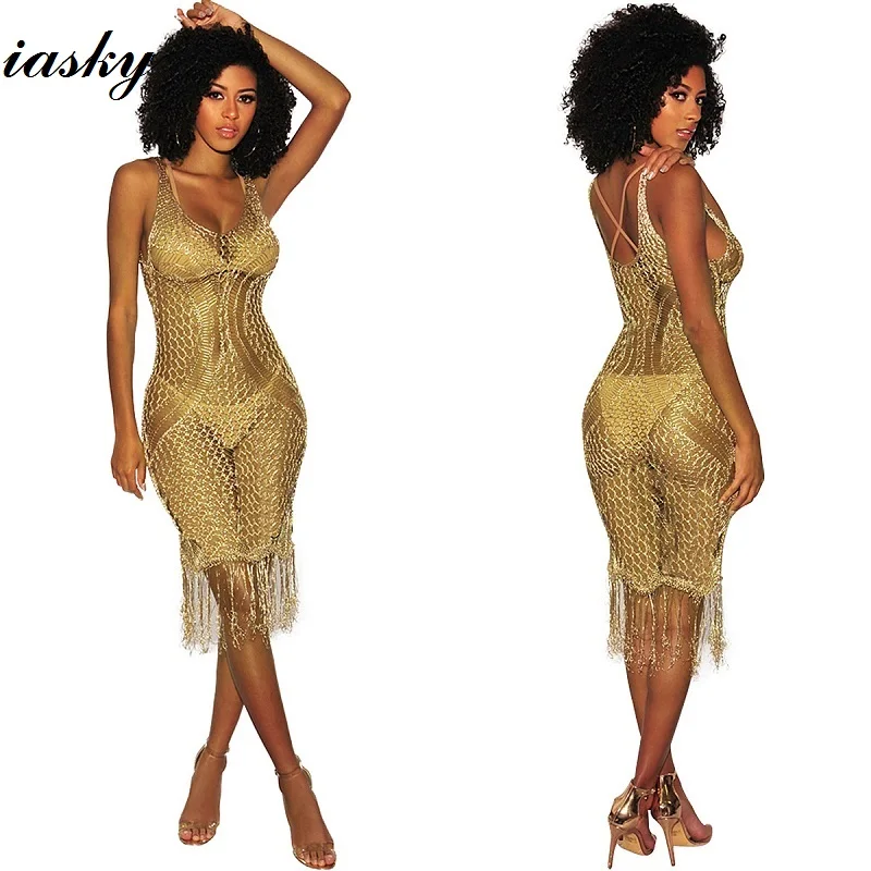 

IASKY Shiny Knitted Tassel Hollow Out beach cover ups 2018 New Knitted Bikini swimsuit cover up Robe De Plage
