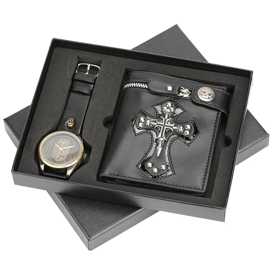 

Men Watch Wallet Sets Box Retro Skull Cross Punk Style Leather Wallets Clutch Rivets Card Holder Purses Top Gift for Men Father
