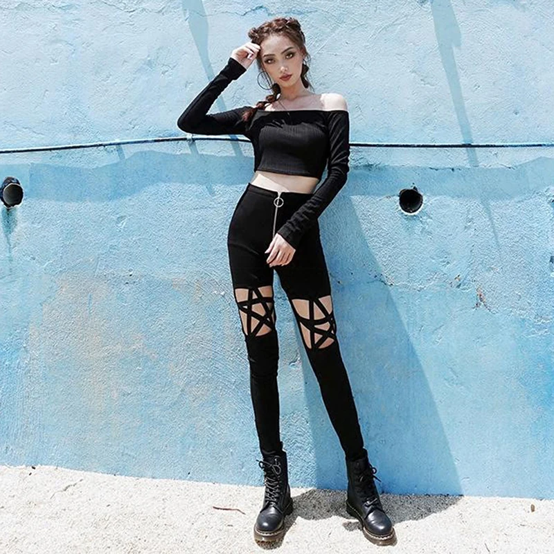 

New Fashion Punk Gothic Women Pant Leggings Hollow Out Five-Pointed Star Pants Women Clothing 2019 Best Selling