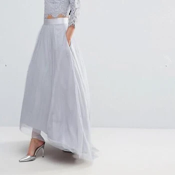 

Fashion Silver Vintage High Low Tulle Skirts With Pockets Ribbon Wide Wasitband Zipper Skirt for Modest Long Lady Vestidos Saia