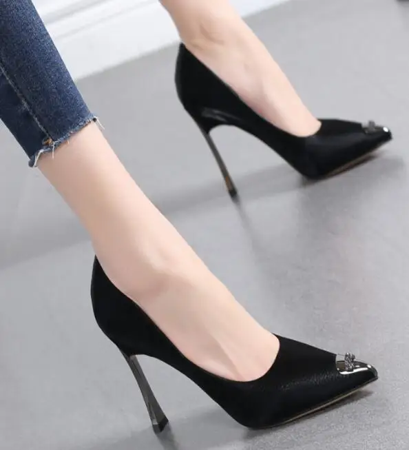 

Carpaton Woman High Heel Shoes Pointed Toe Crystal Embellished Party Wedding Heels Shallow Thin Heels pumps Black Blue Beige