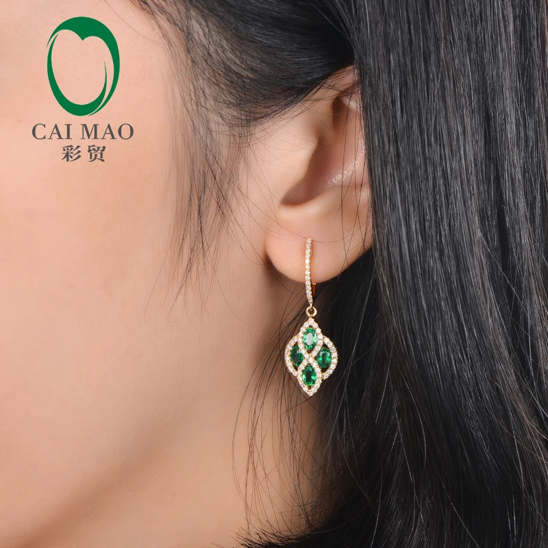 Caimao Jewelry Romantic 14K Yellow Gold Natural Emerald & Diamond Anniversary Engagement Drop Earring