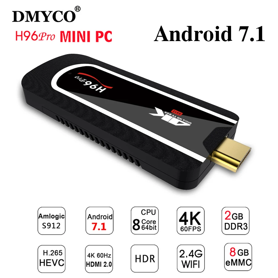 

DMYCO H96PRO MINI PC Android 7.1 Amlogic S912 Octa Core 2GB DDR3 8GB WiFi 2.4G BT 4.1 mini TV Stick Smart TV Box set top boxes