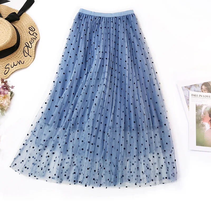 Фатиновая юбка в горошек, Женская сетчатая юбка, плиссированные юбки, а-силуэт, вечерние юбки с высокой талией, Saias, длинные юбки размера плюс, бальное платье