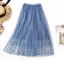 Фатиновая юбка в горошек, Женская сетчатая юбка, плиссированные юбки, а-силуэт, вечерние юбки с высокой талией, Saias, длинные юбки размера плюс, бальное платье