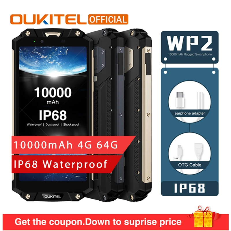 OUKITEL WP2 10000 мАч IP68 водонепроницаемый пылезащитный ударопрочный смартфон 4 Гб 64 Гб MT6750T Восьмиядерный 6," 18:9 мобильный телефон с отпечатком пальца