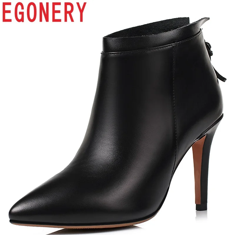 

EGONERY 2018 new high quality genuine leather pointed toe fashion sxey party ankle boots super high thin heels zip women shoes