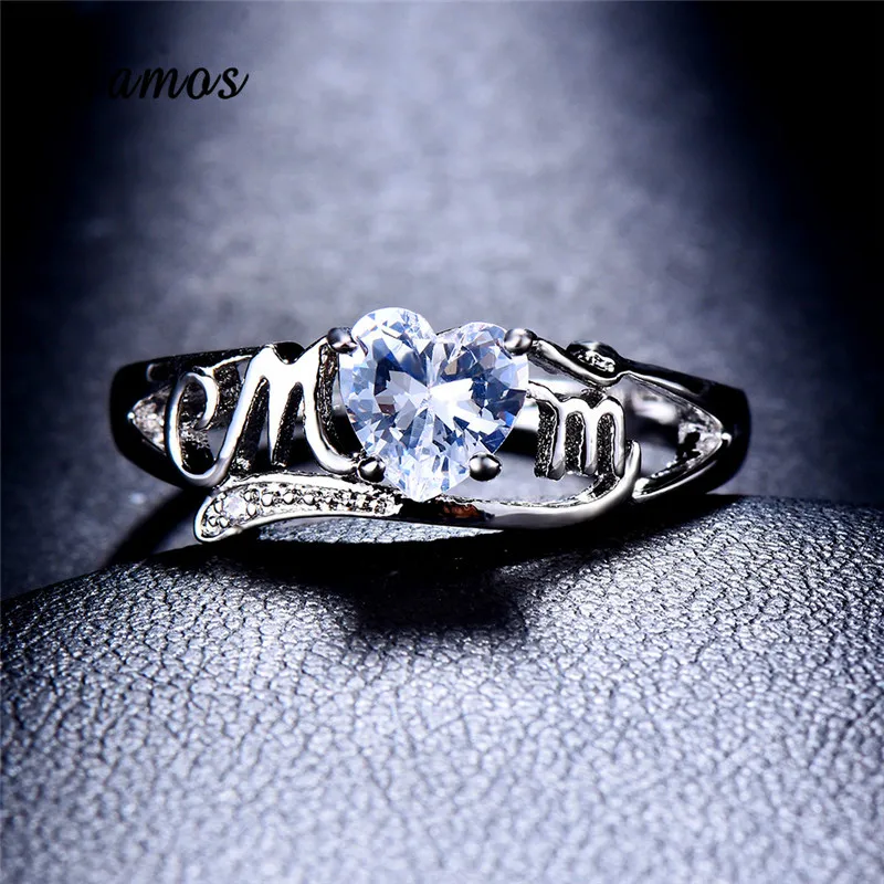 Luxury Female Love Heart Ring Romantic MOM Letter Engagement Ring Mother's Day Gift 925 Sterling Silver Wedding Rings For Women