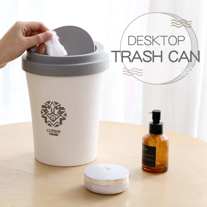 

Small Waste Bins Creativity Coffee cup shape Plastic trash can Rolling Cover Type Round Standing desktop Trash can have pattern