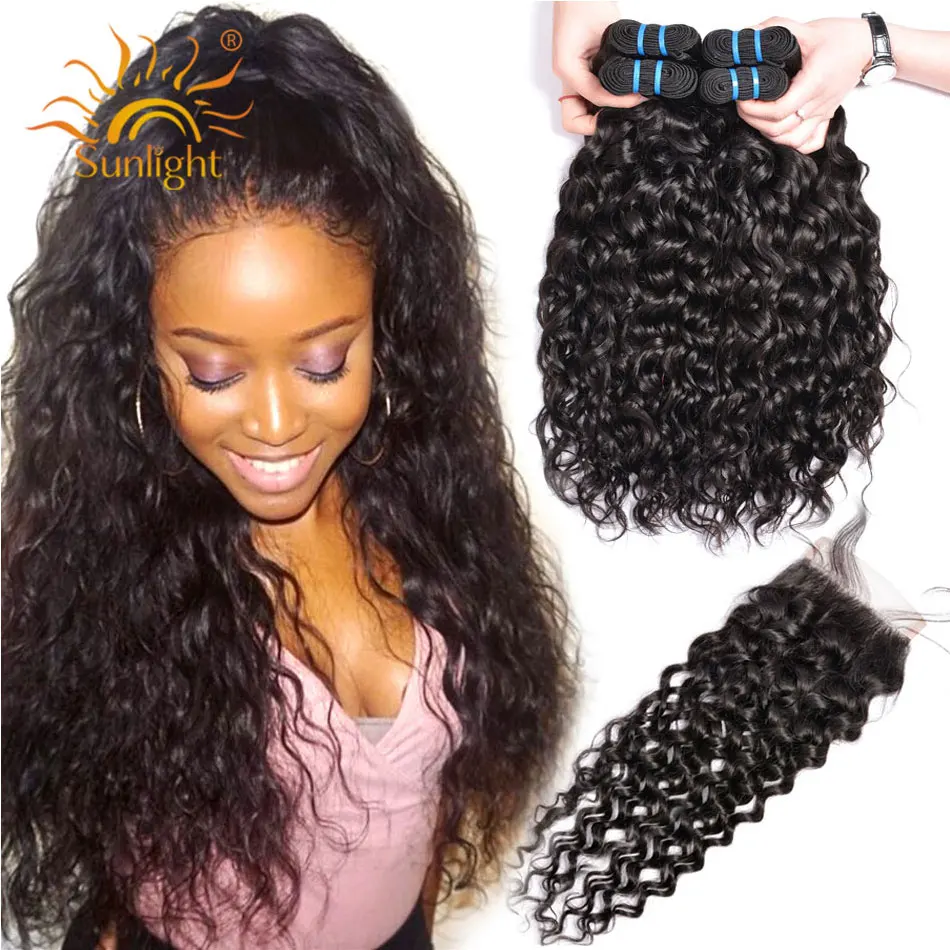 

Water Wave Bundles With Closure Brazilian Hair Weave Bundle Sunlight Non Remy Lace Closure Human Hair 4 / 3 Bundles With Closure