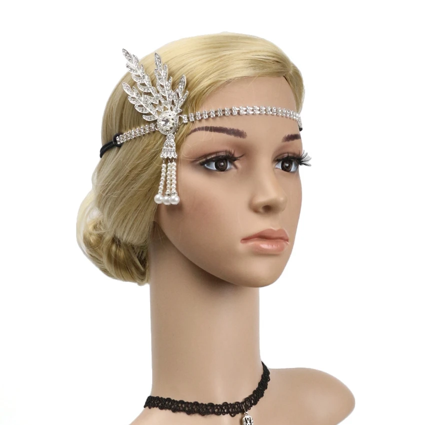 Арт-деко для женщин 1920s винтажный свадебный головной убор костюм аксессуары для волос Хлопушка большой Гэтсби лист медальон Жемчужная Повязка на голову
