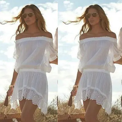 

Sexy Women's Off Shoulder Slash Neck white Transparent Lace Suit Fashion Popular Beach Dress