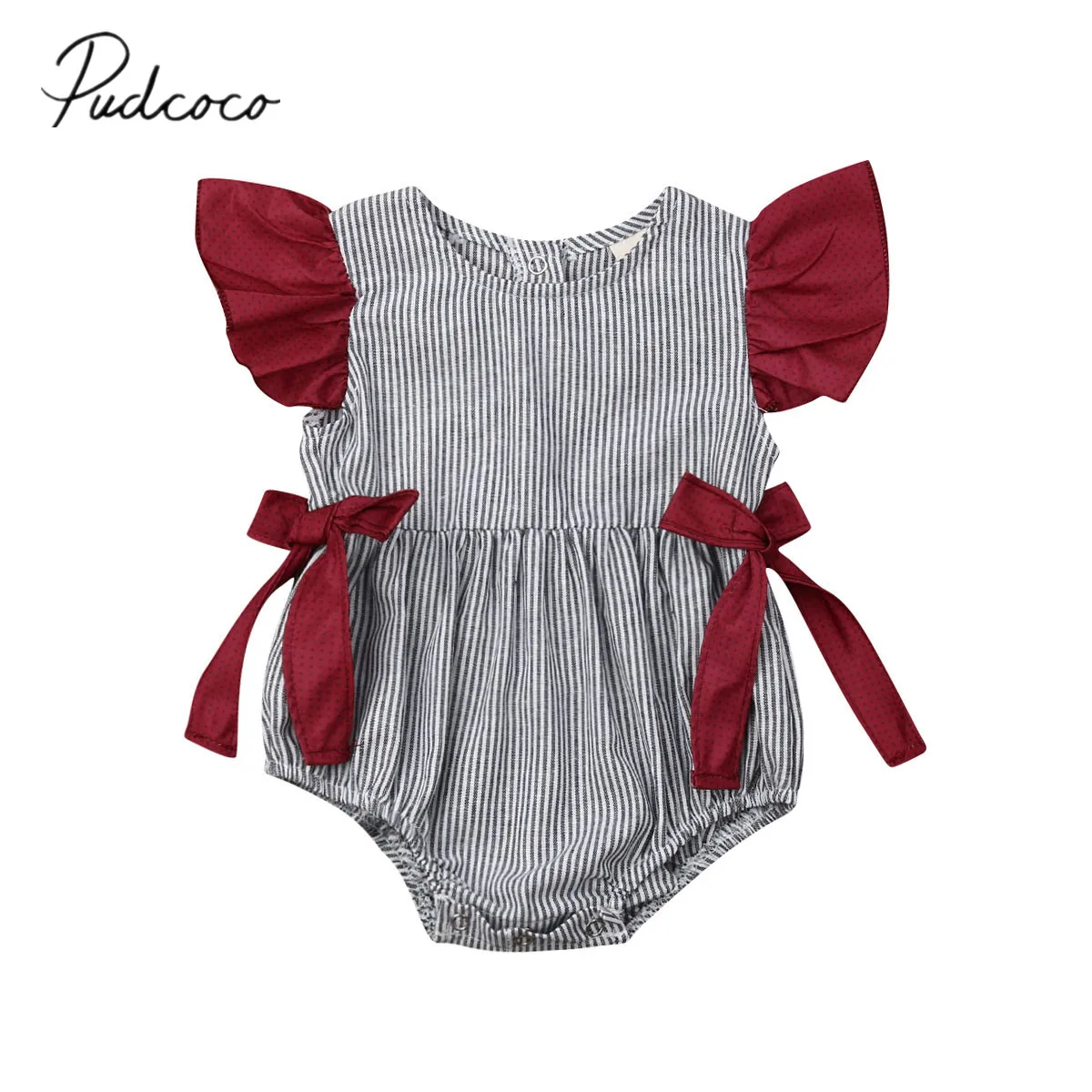 

2019 Baby Summer Clothing 0-12M Newborn Infant Cute Baby Girl Bodysuits Ruffled Fly Sleeve Stripe Print Jumpsuit Clothes Sunsuit