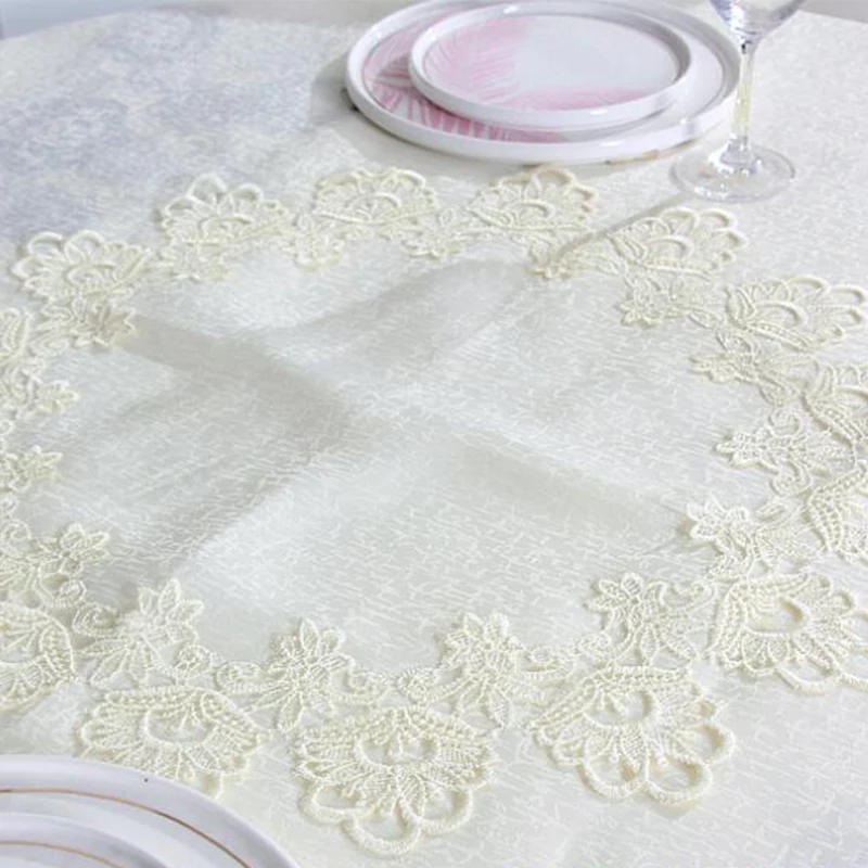  Romantic Ivory Round Tablecloth for Wedding Party Lace Floral Embroidered Edge Table Covers Soild D
