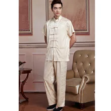 Бежевый китайский традиционный Мужской Шелковый атласный с коротким рукавом Shadowboxing кунг-фу куртка костюмы наборы Дракон wwns 02