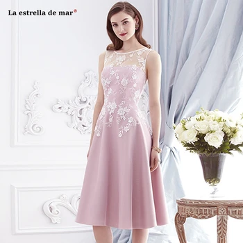 

Vestidos para boda invitadas new Scoop neck lace satin A LLine blush pink bridesmaid dresses Tea Length wedding party dress