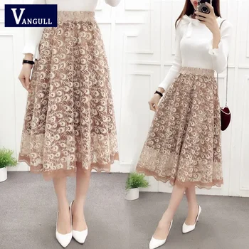 

Vangull Beige Black Feather Lace Skirt Women Knee Length Saia Midi High Waist Skirt Faldas Mujer Summer Hollow Sexy Skirts 2019