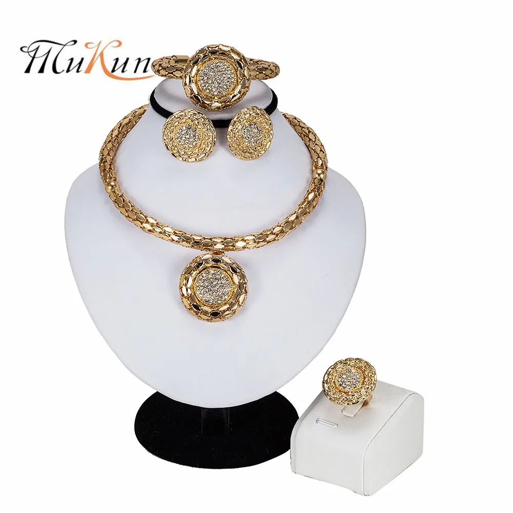

Fashion Dubai Gold Color Crystal Jewelry Set Brand Statement Necklace Earring Bangle Ring Nigerian Wedding Woman Accessories Set