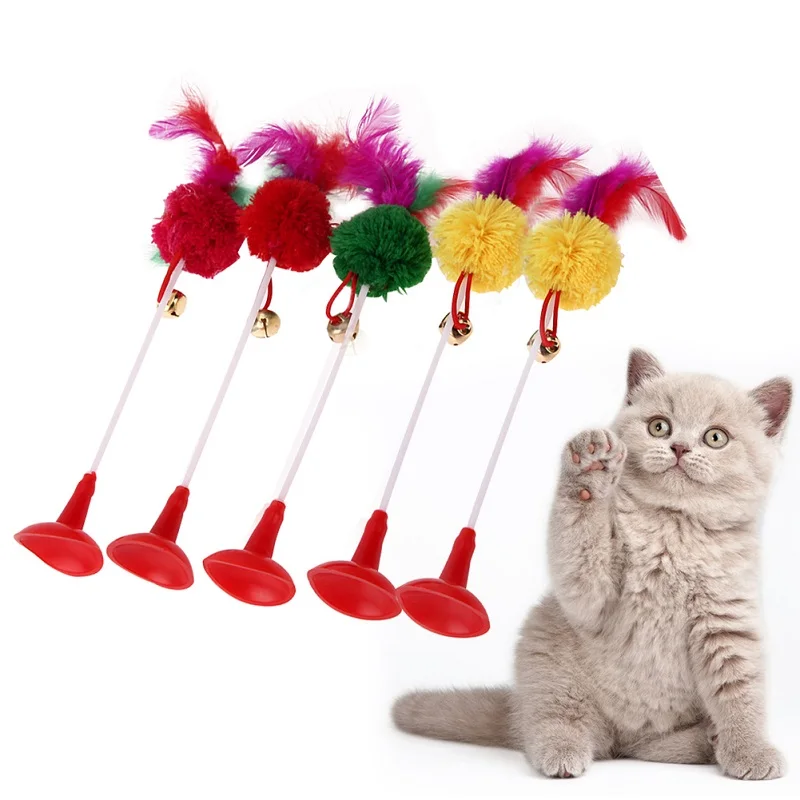 5pcs Funny Pet Cat Toys Feather Bottom Sucker Cat Kitten Playing Toys