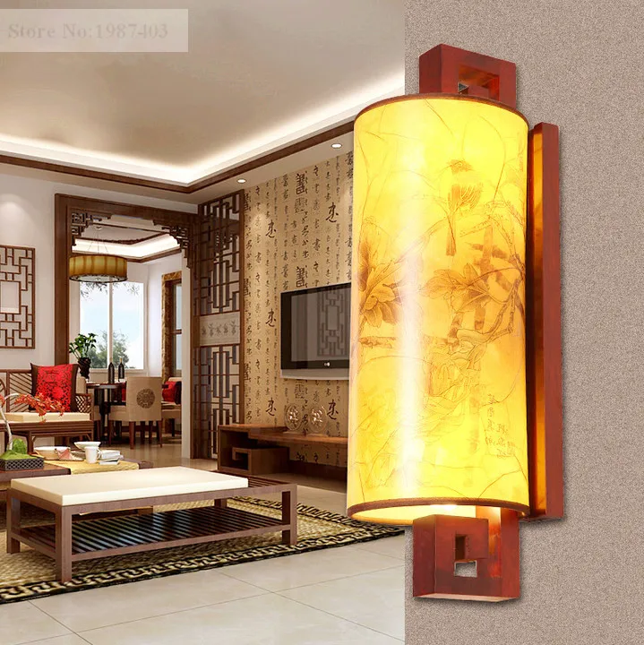 Modern chineses red carved wood art wall lamps antique style yellow PVC shade E27 LED lamp for bedroom&porch&stairs LMJBD002