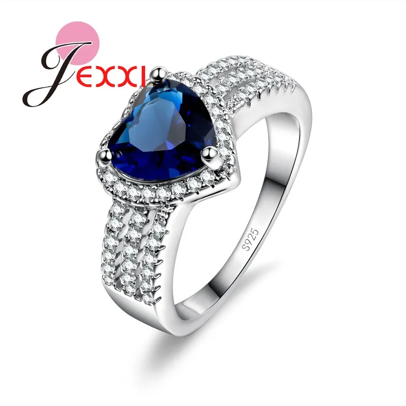 

JEXXI Luxury Wide Band Finger Rings Beautiful Blue Crystal Stone Wedding Jewelry Romantic Heart Shape Silver Women Ring S925