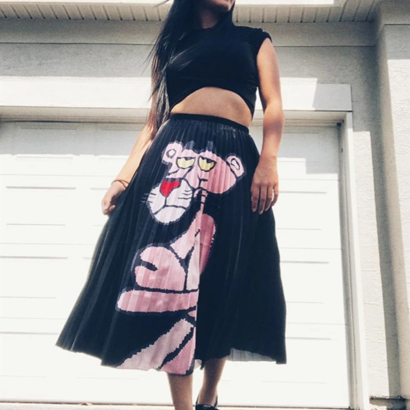 MNOGCC осень новая женская уличная одежда мультфильм длиной до колена Розовая пантера плиссированная юбка атласная эластичная кордовая юбка