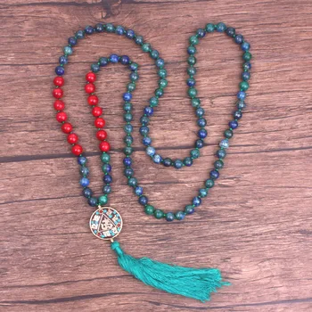 

Women tassel long necklace Blue green lapis lazuli Nepal OM necklace 108 mala yoga jewelry Natural stone boho necklace dropship