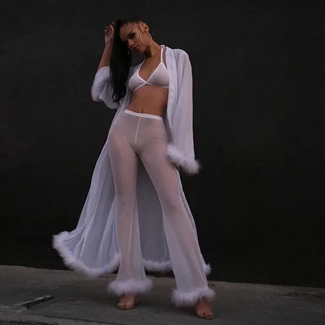 

Suit Sets 2018 Summer New Arrival Women Sexy Mesh Pants Faux Fur High Waist Pants Party Club See Through Outfit 2 Piece Sets