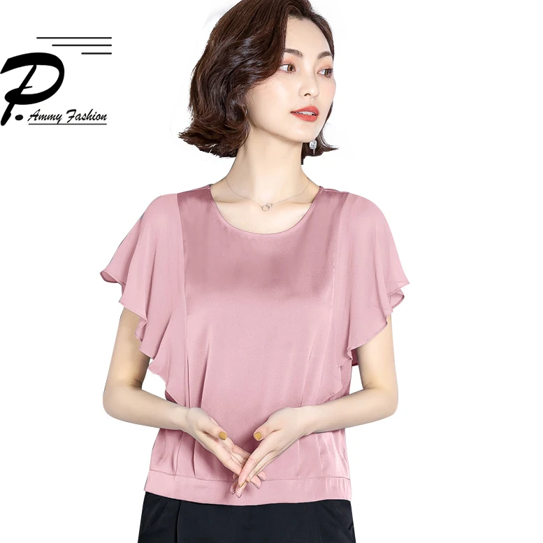 

Korean Style Women Silk T-Shirt New 2019 Summer Ruffled T Shirt Female Butterfly sleeved Casual Women Clothing elegant Solid Tee