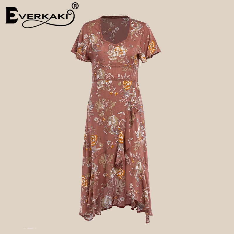Everkaki Gypsy Floral Print Cotton Dress Women V Neck Lace Bohemian Midi Tunic Dress Boho Style Women Clothes 2018 Spell Design