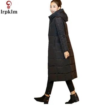 

Overknee long cotton padded jacket women's winter parka hoodie solid black coat 2018 ladies cotton down jacket M-3XL LZ875