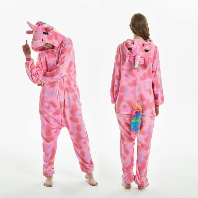Пижама для взрослых; пижамы с единорогом; комплекты кигуруми с изображением панды из мультфильма; женская зимняя Фланелевая Пижама унисекс; пижамы с единорогом; одежда для сна - Цвет: Pink star unicorn