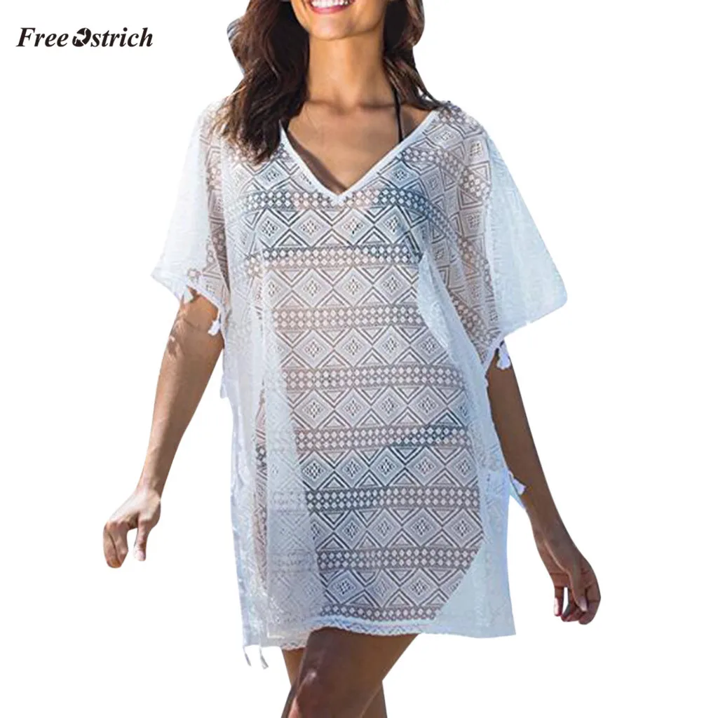 

Free Ostrich Clothes blouse Women Perspective Solid Swimsuit Cover Up Biquini Swimwear Cover-Ups With Tassel shirt beach summer