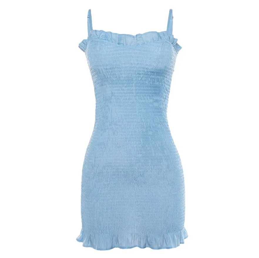 

New Women Blue Fashion Small Fresh Dress Ruffles Spaghetti Strap Lady Draped Slim Casual Short Dresses Summer Sexy Mini dress